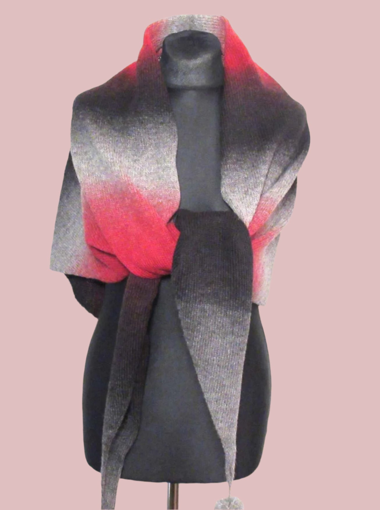 Knitted Triangle Wool Shawl in Red an Black Gradient.