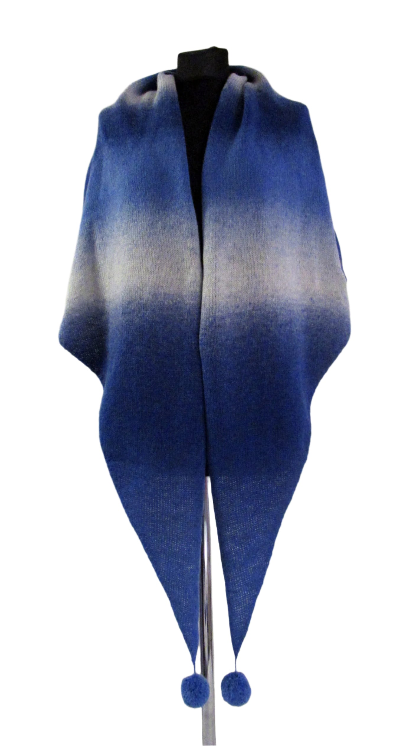 Knitted Triangle Wool Shawl in Blue and White Gradient.