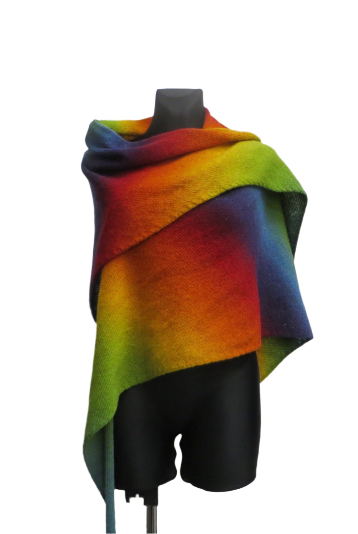 Knitted Triangle Wool Shawl in Rainbow Gradient.
