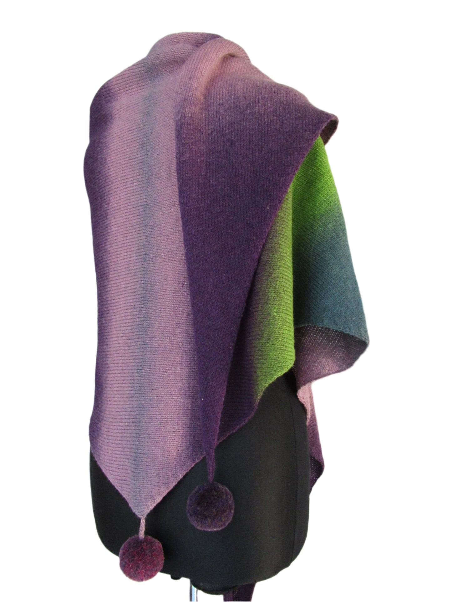 Knitted Triangle Wool Shawl in Green and Purple Gradient.