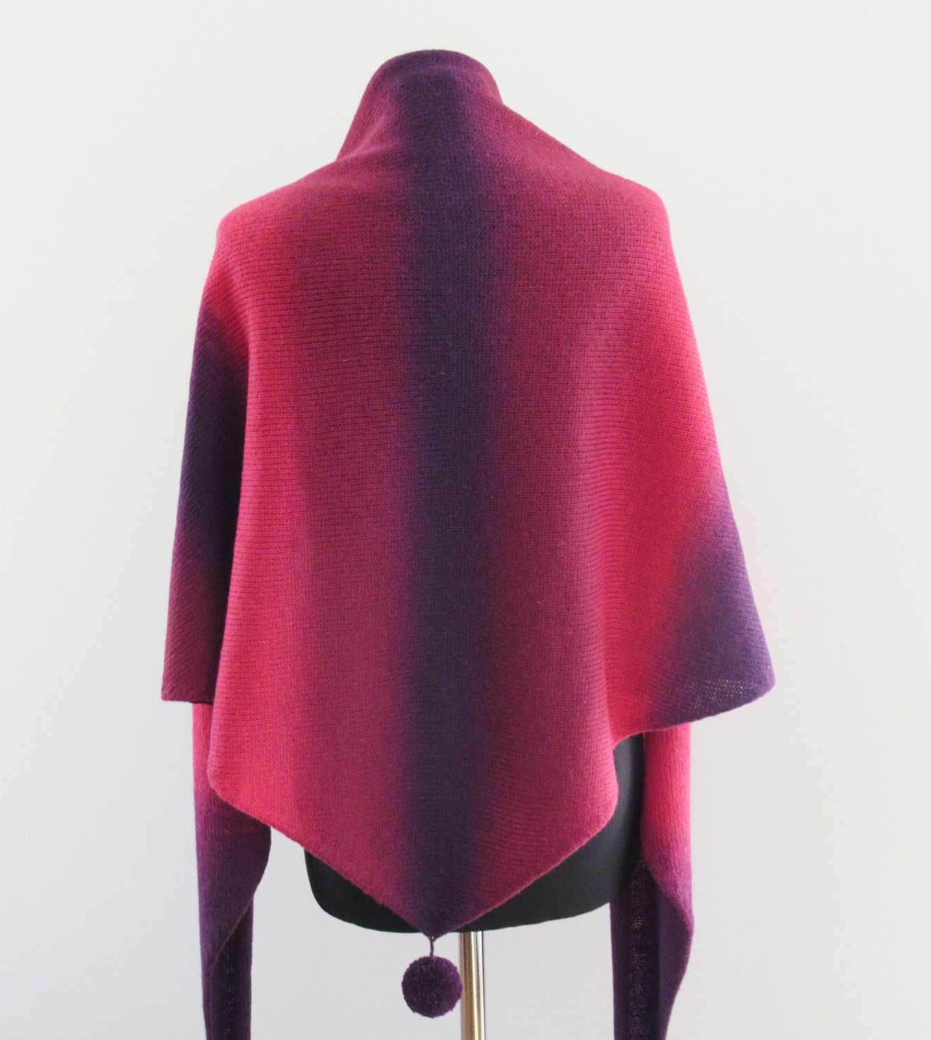 Knitted Triangle Wool Shawl in Purple and Pink Gradient.