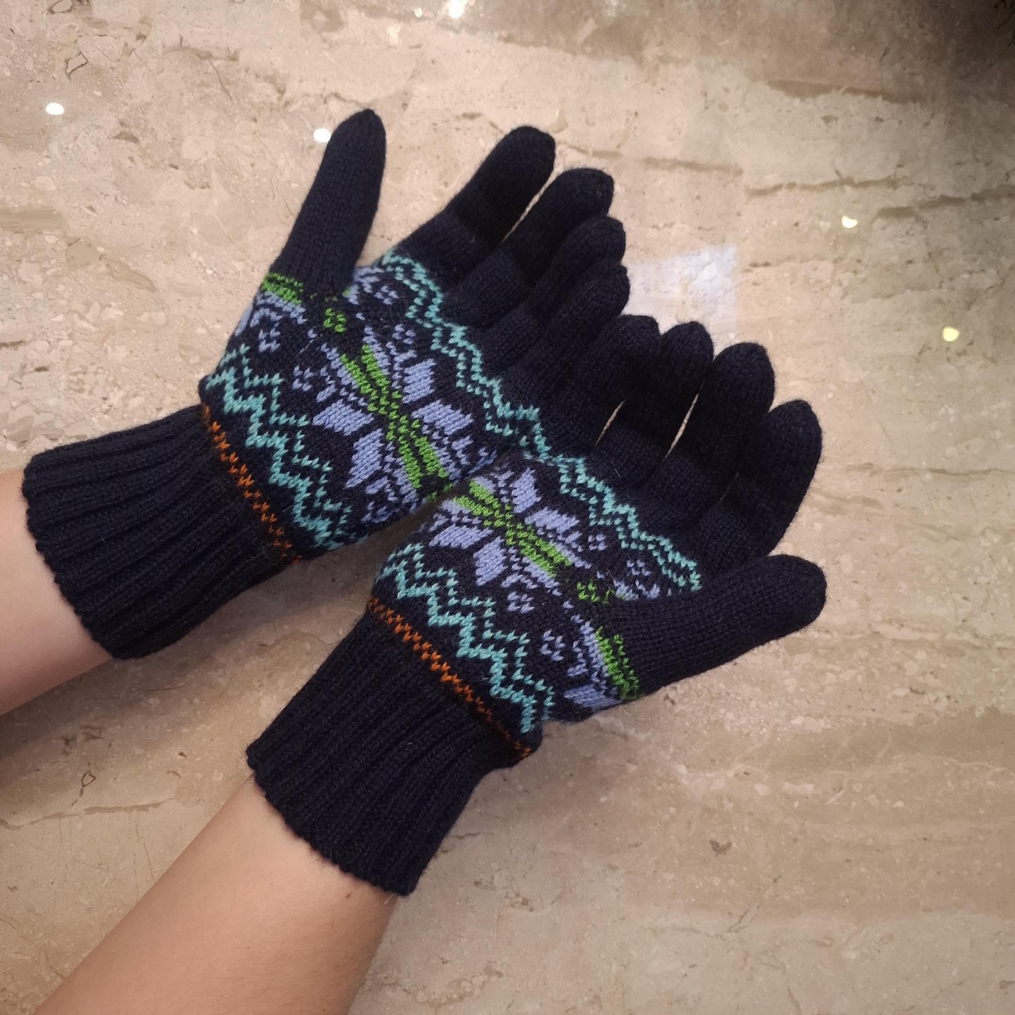 Knitted Wool Gloves in Blue with Northern Stars.