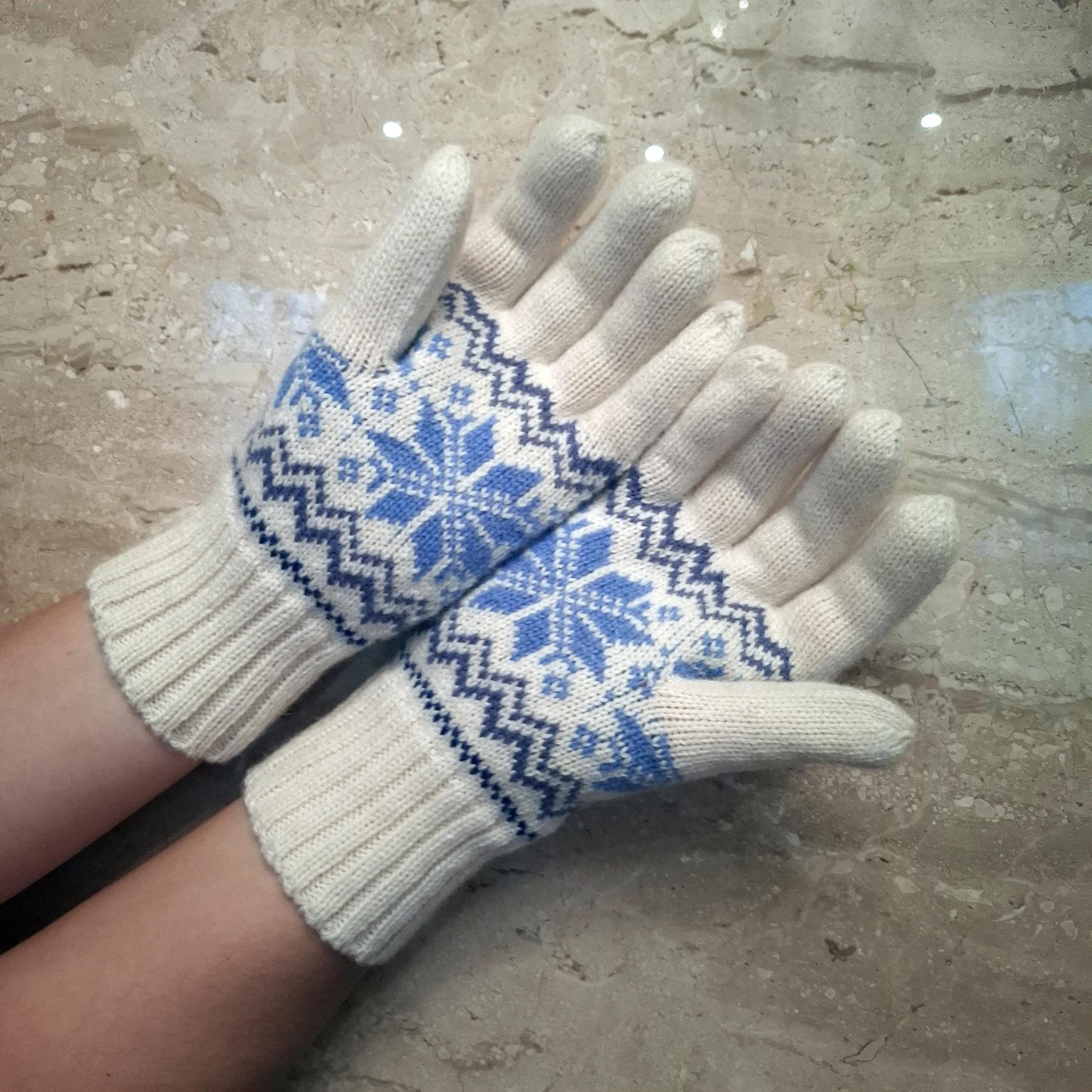 Knitted Wool Gloves in Natural White with Blue Stars.