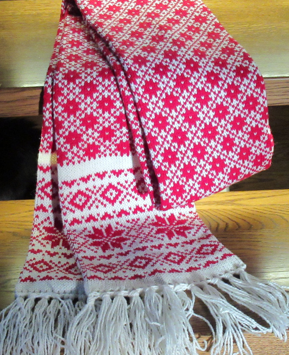 Long Winter Scarf in White with Red Stars.