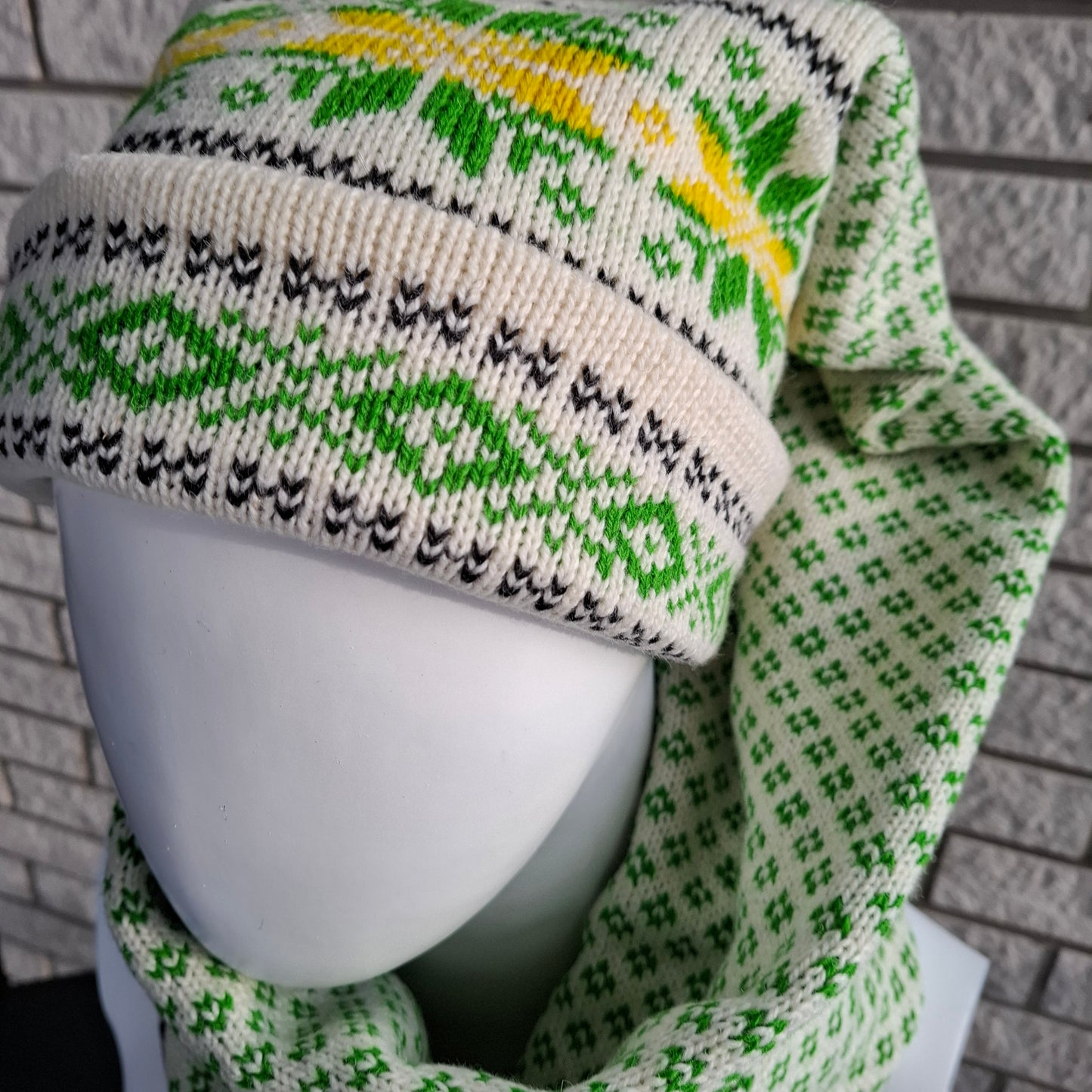 Long Knitted Nordic Stocking Hat in White and Green.