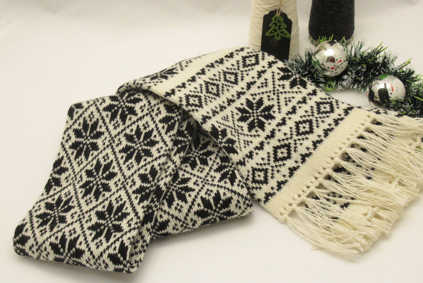 Long Winter Scarf in White with Black Stars.