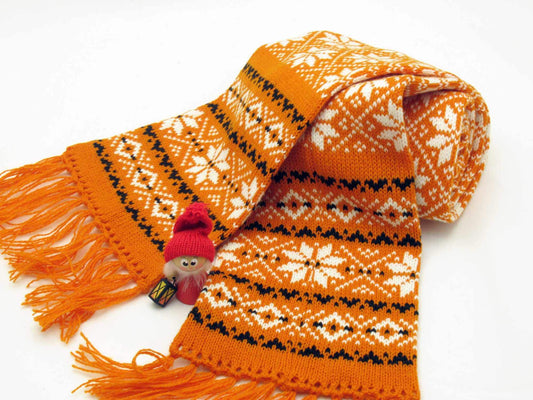 Long Winter Scarf in Orange with White Stars.