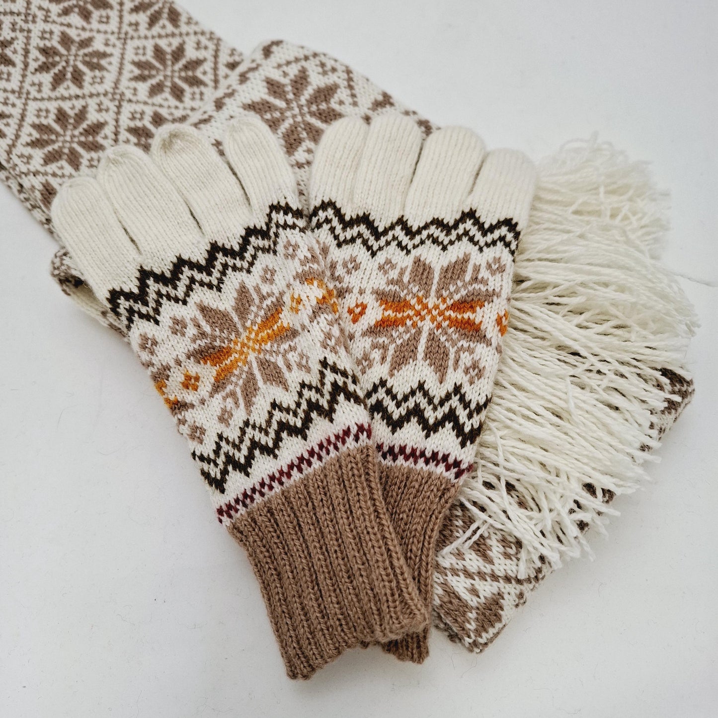 Long Winter Scarf in White with Brown Stars.