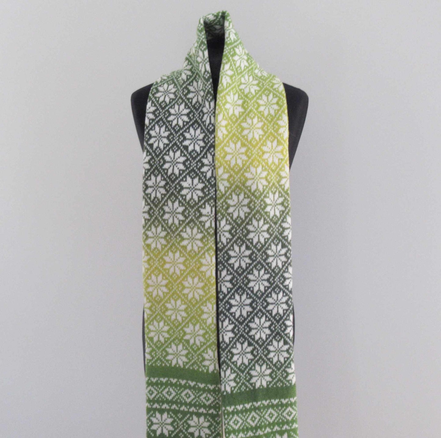 Long Winter Scarf in Green Gradient with White Stars.