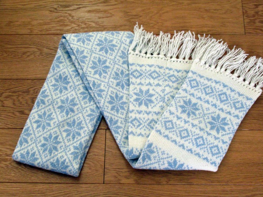 Long Winter Scarf in White with Light Blue Stars.