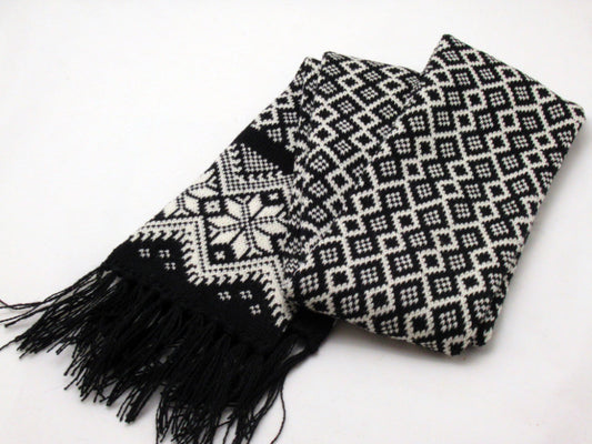 Long Winter Scarf in Black with White Ornament.