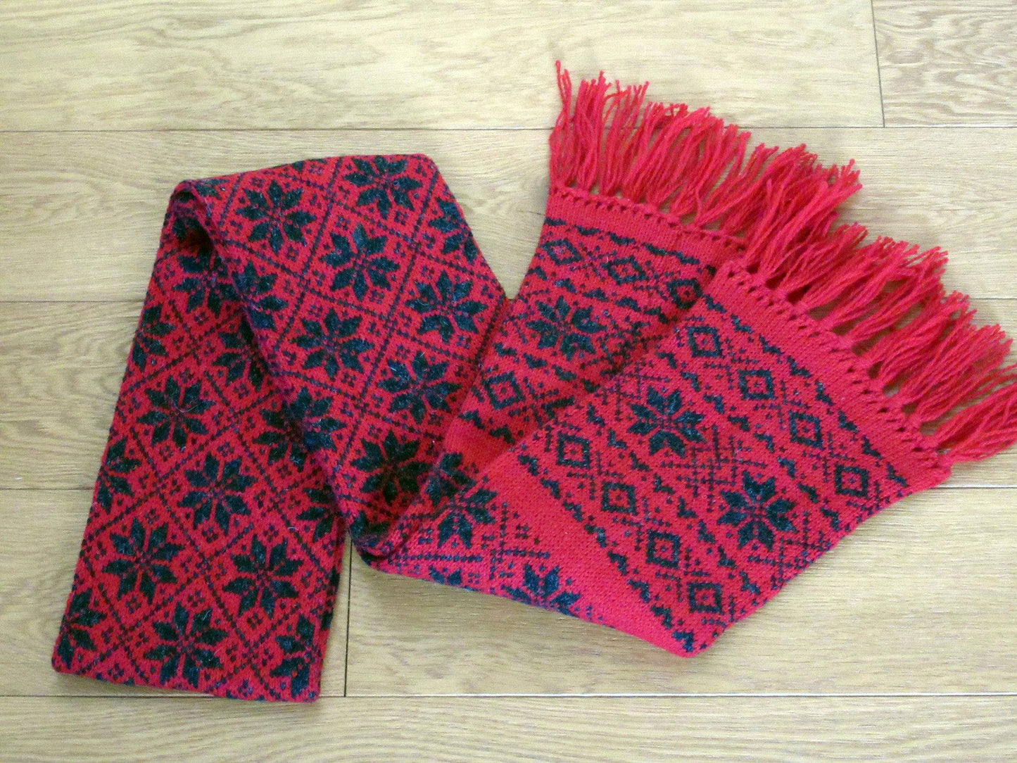 Long Winter Scarf In Red with Black Stars.
