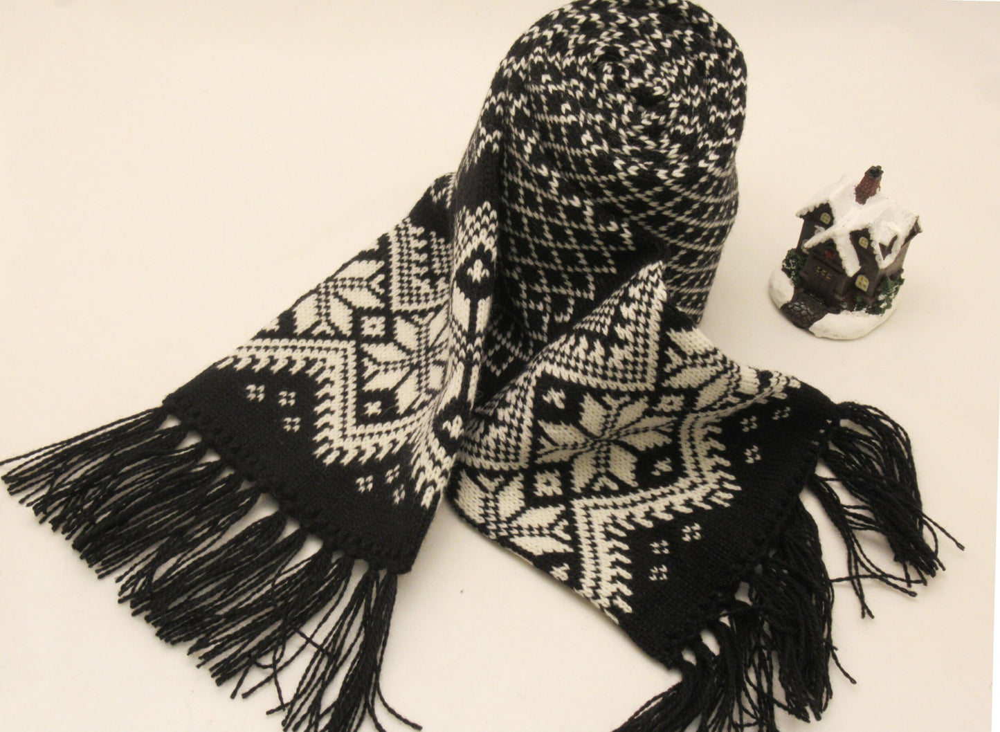 Long Winter Scarf in Black with Geometric.