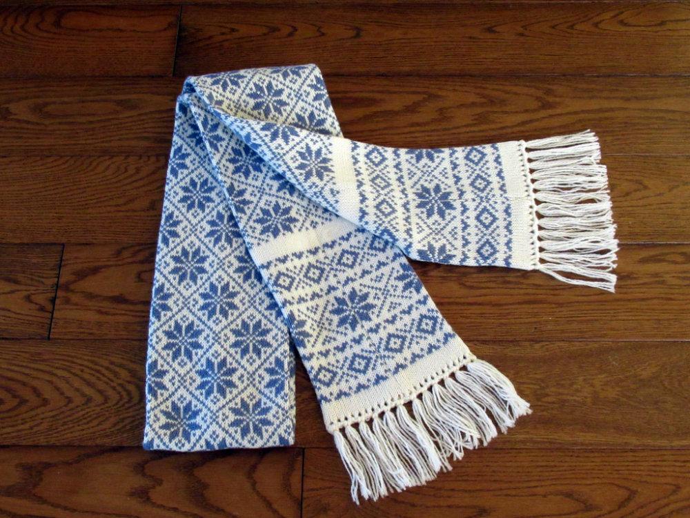 Long Winter Scarf In White with Blue Stars.
