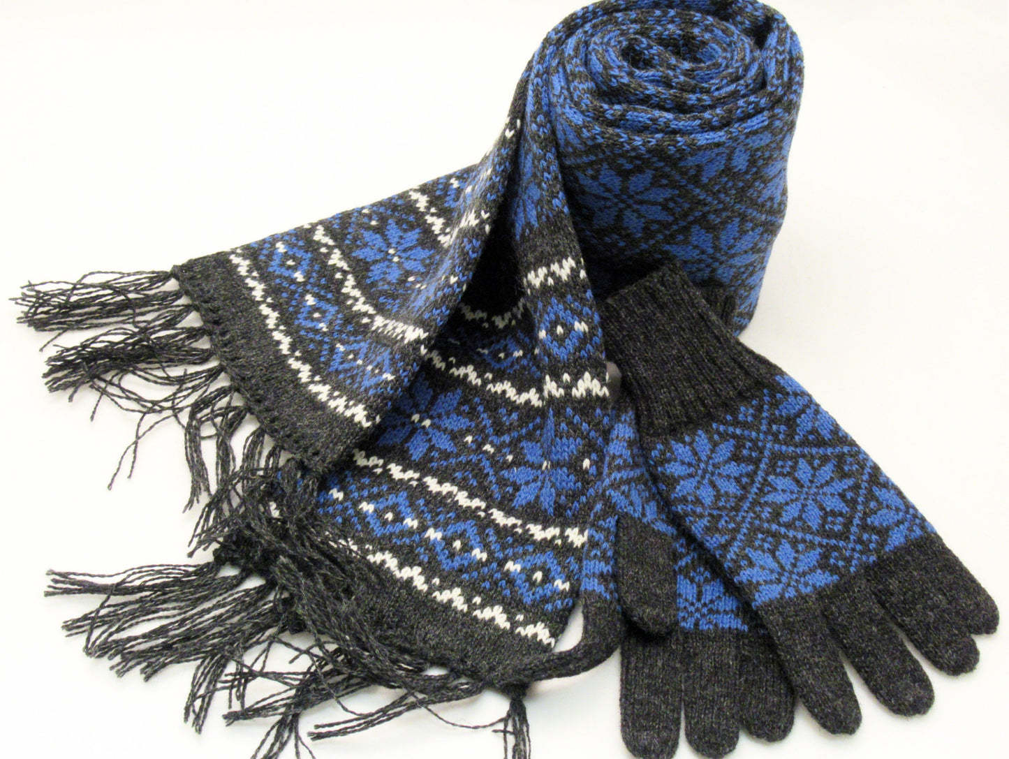 Long Winter Scarf in Gray with Blue Stars.