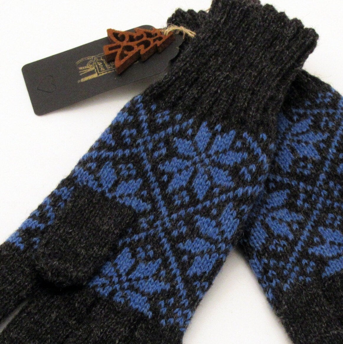Knitted Wool Gloves in Gray with Blue Stars.