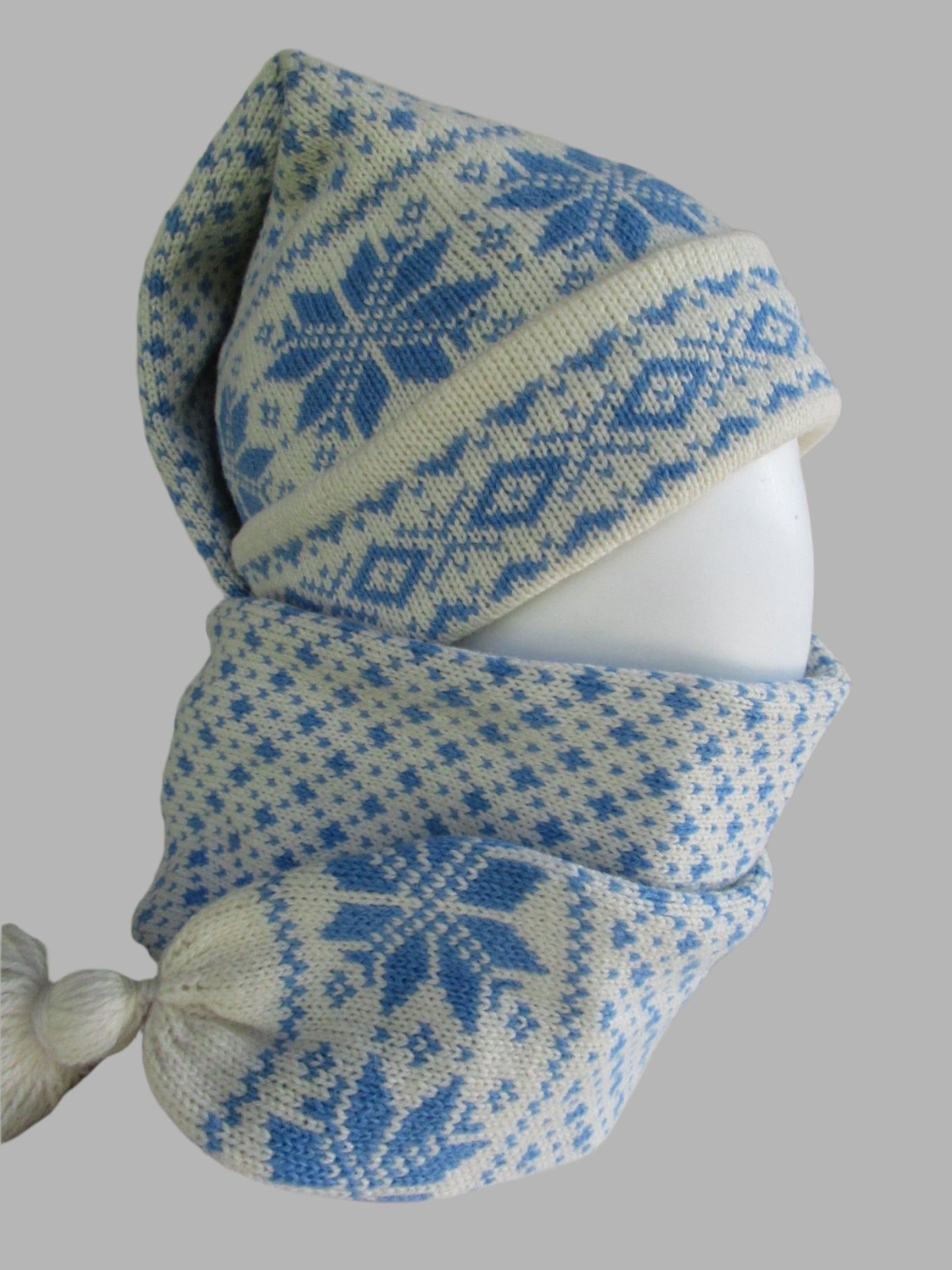 Long Knitted Nordic Stocking Hat White and Blue.