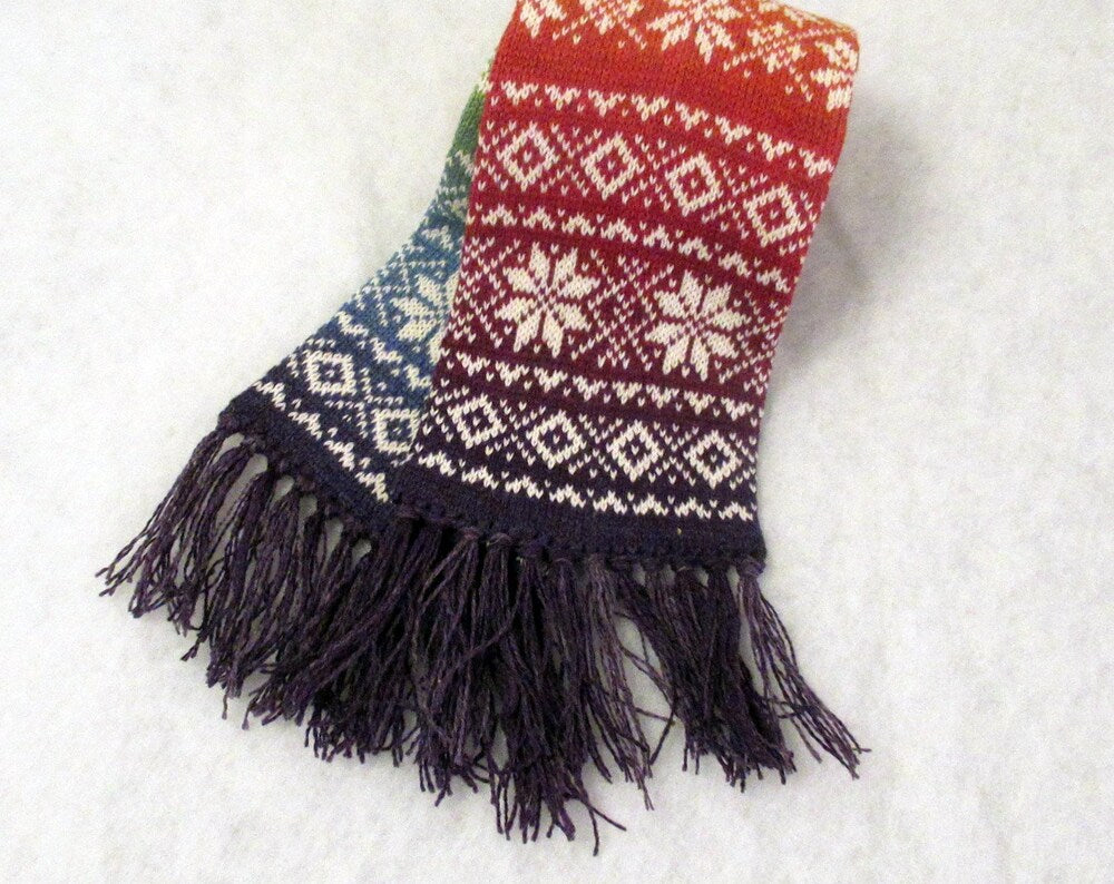 Knitted long warm winter scarf with double-sided Scandinavian pattern rainbow