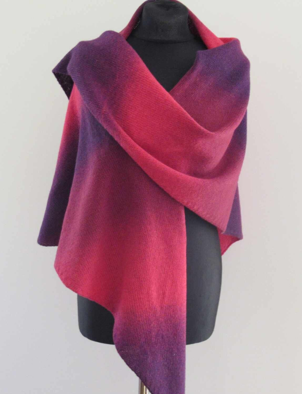 Knitted Triangle Wool Shawl in Purple and Pink Gradient.