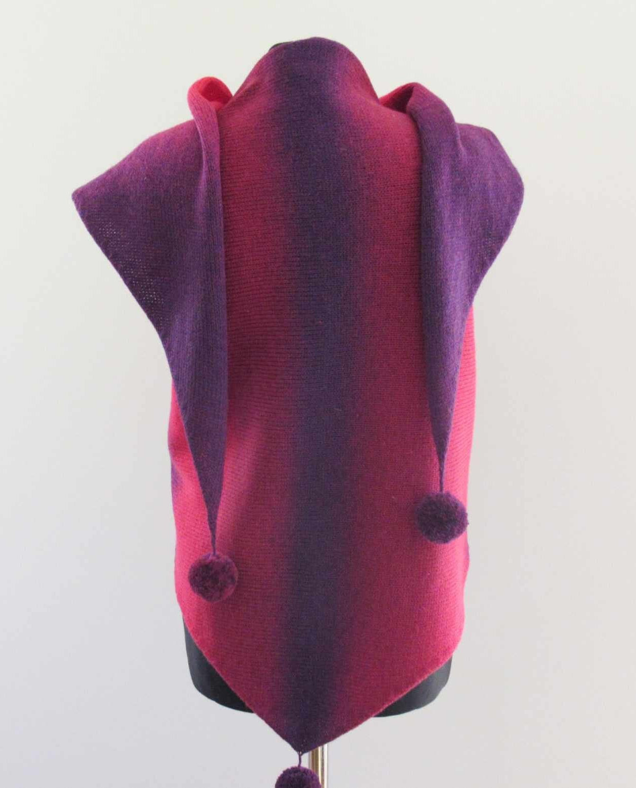 Knitted Triangle Wool Shawl in Purple and Pink Gradient.