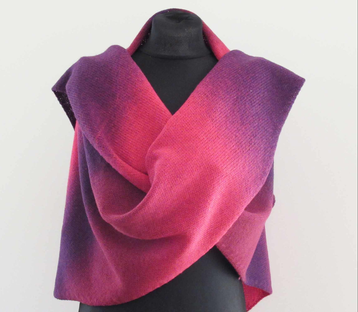 Knitted Triangle Wool Shawl in Purple and Pink Gradient.