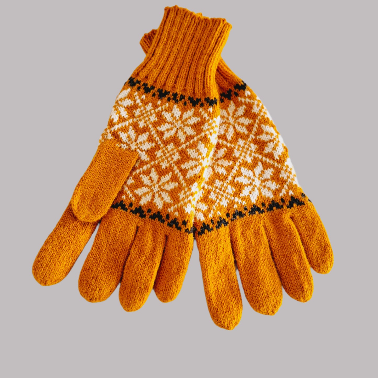 Knitted Wool Gloves in Orange  with  White Stars.