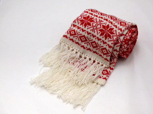 Long  Winter Scarf in  White  with Red Stars.
