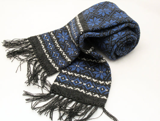 Long  Winter Scarf  in Gray with Blue Stars.