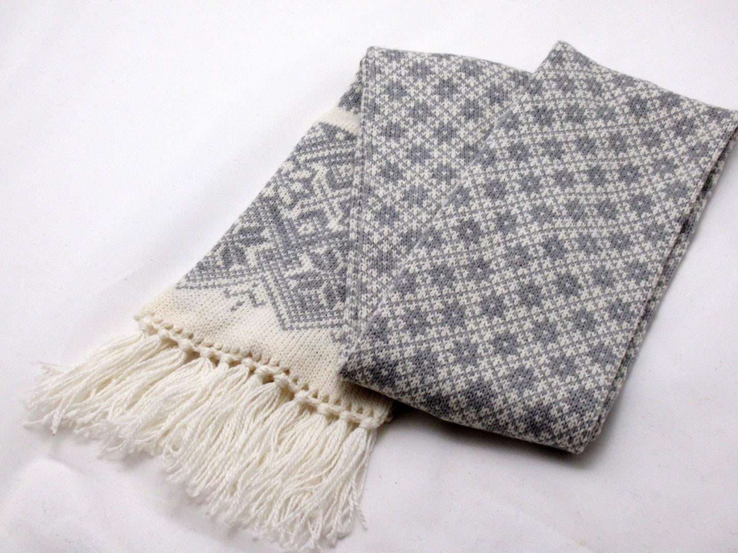 Long Winter Scarf in White  with Gray Ornaments