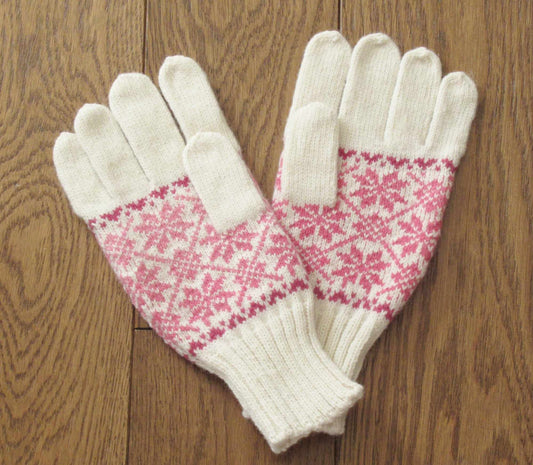 Knitted Wool Gloves in White with Pink Stars.